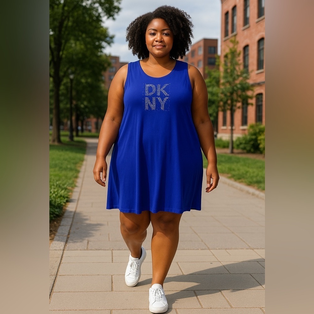 DKNY Rhinestone Embellished Blue Logo T-Shirt Dress Women’s Size 2X